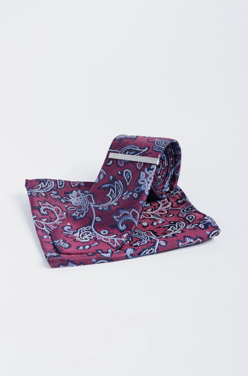 House of Cavani- CV811 Paisley Wine Tie, Pocket Square and Tie Pin Set