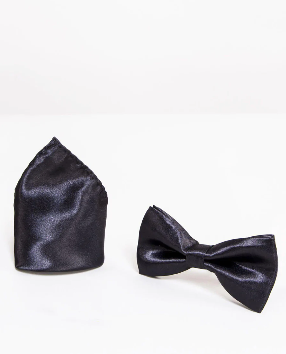 Marc Darcy- Stanley Black Plain Satin Bow Tie and Pocket Square