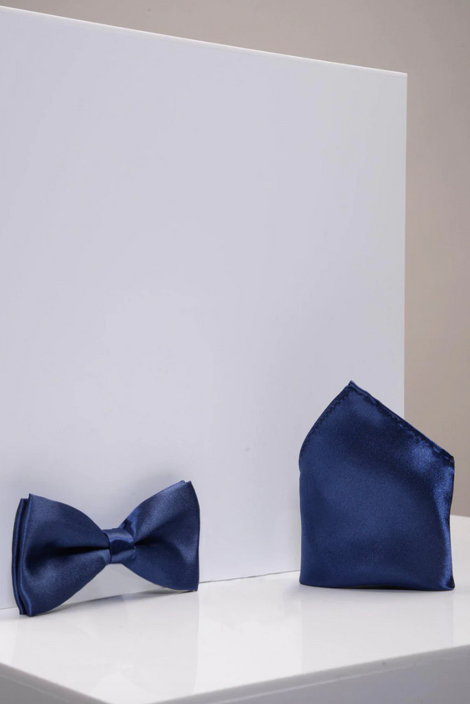 Marc Darcy- Stanley Navy Plain Satin Bow Tie and Pocket Square Set