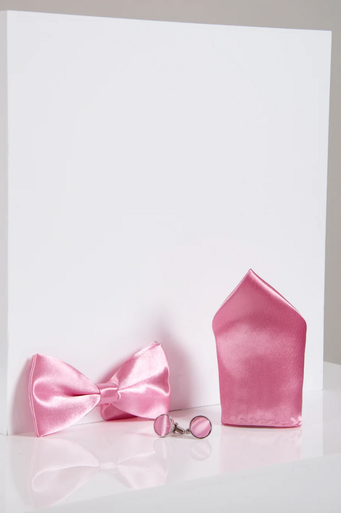 Marc Darcy- Stanley Pink Plain Satin Bow Tie, Pocket Square and Cufflinks Set