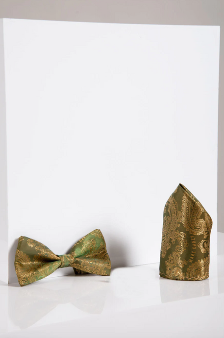 Marc Darcy- Paisley Tan Bow Tie and Pocket Square Set